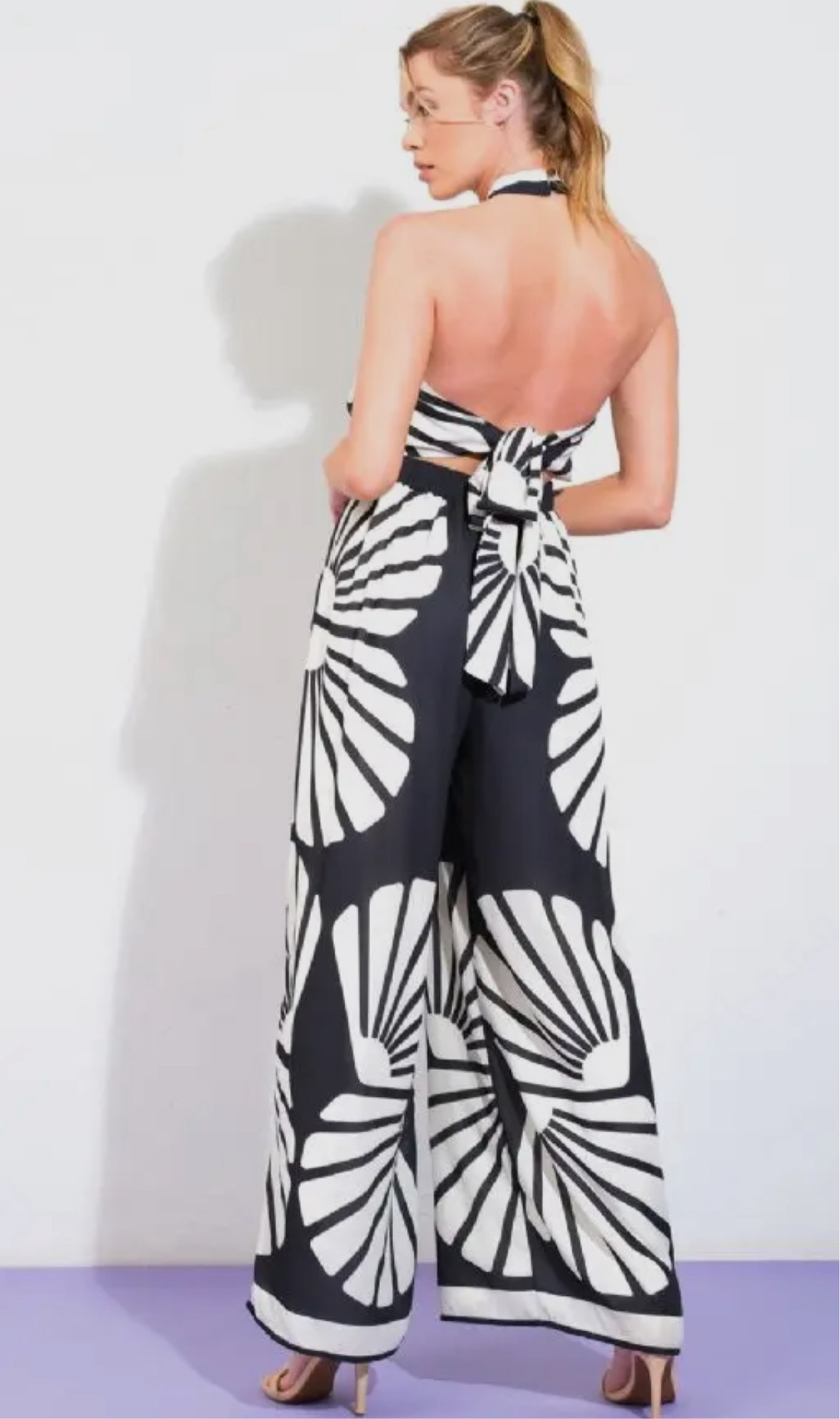 EBONY BLACK CREAM PRINT HALTER JUMPSUIT