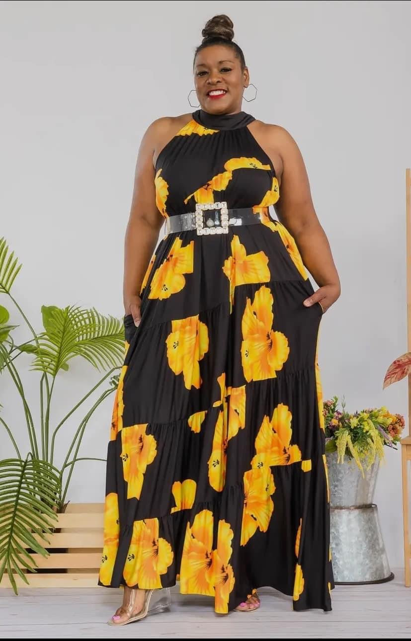 Floral Print Tie Back Halter Maxi Dress_ORANGE