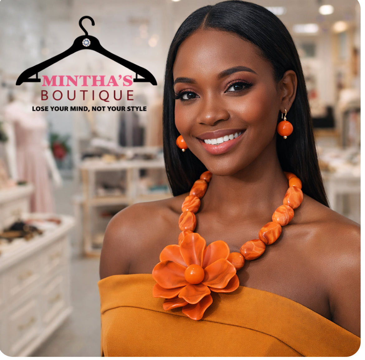 Orange Bold Oversized Flower Marbled Resin Pebble Beaded Statement Necklace