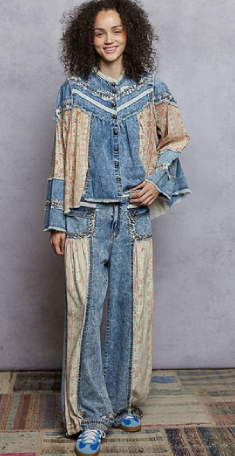 Paisley Denim and Floral Panel Studded and Lace Detailed Top