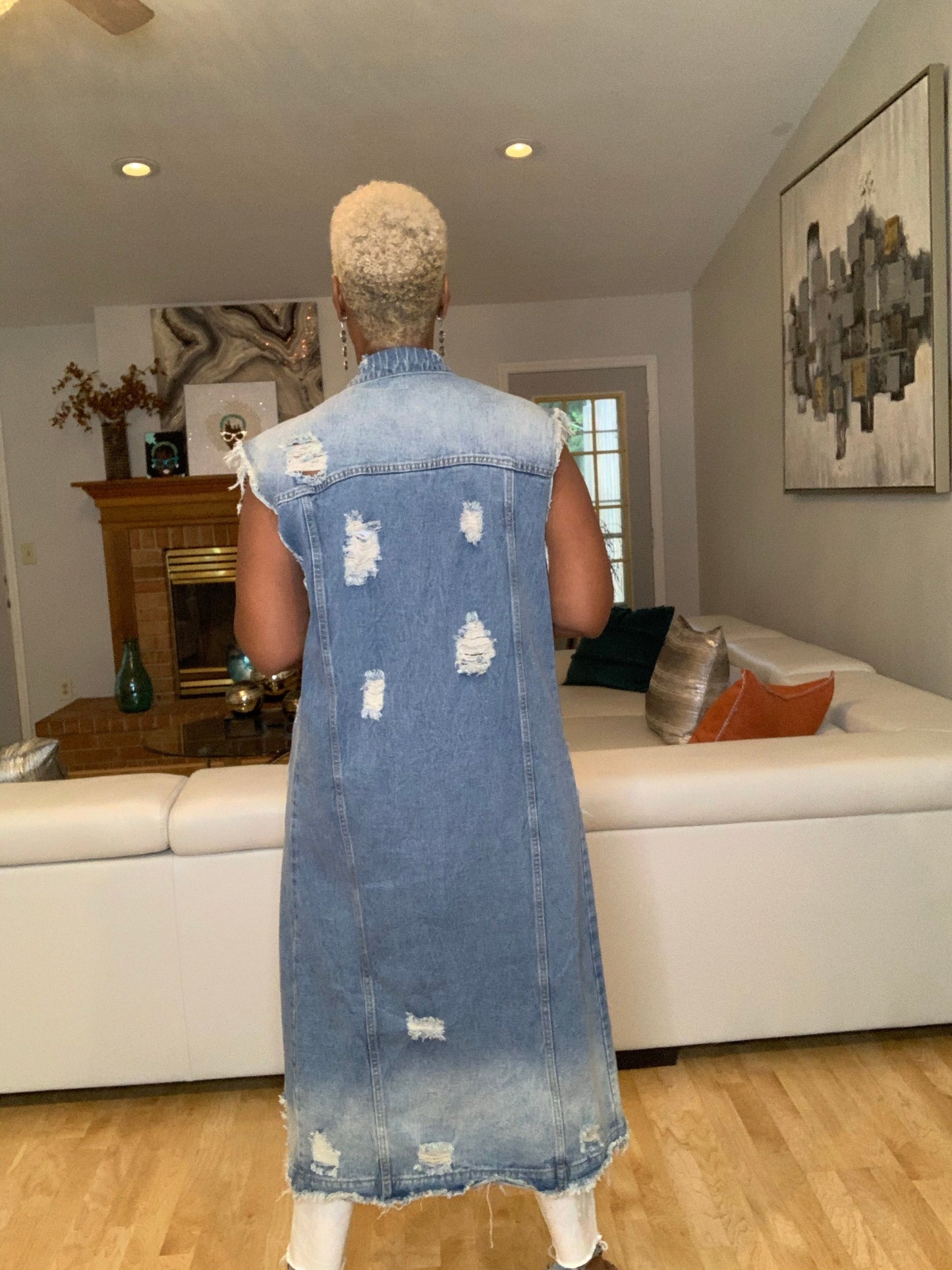 Good Girl Sleeveless Distressed Maxi Jacket