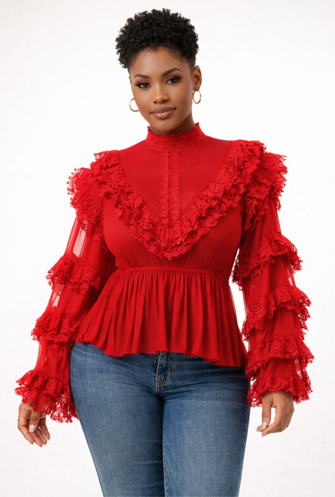 Sheila Sheer Lace Hem Peplum Blouse_Red or White