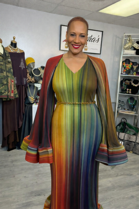 In My Own Lane Multi Color Dress with Cape Sleeve Cover