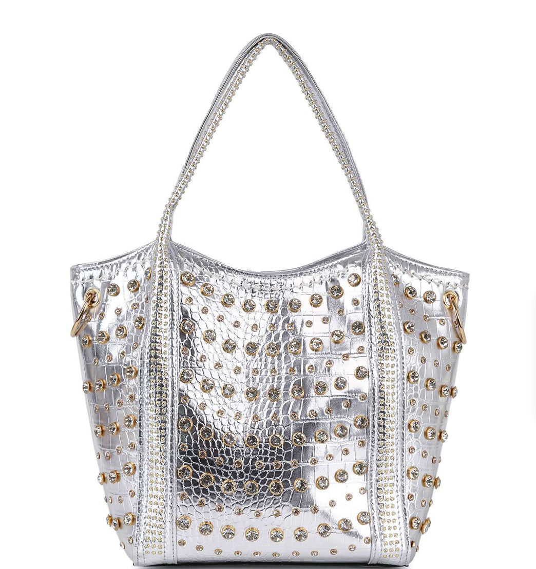 Studded Rhinestone Alligator Embossed Tote Handbag