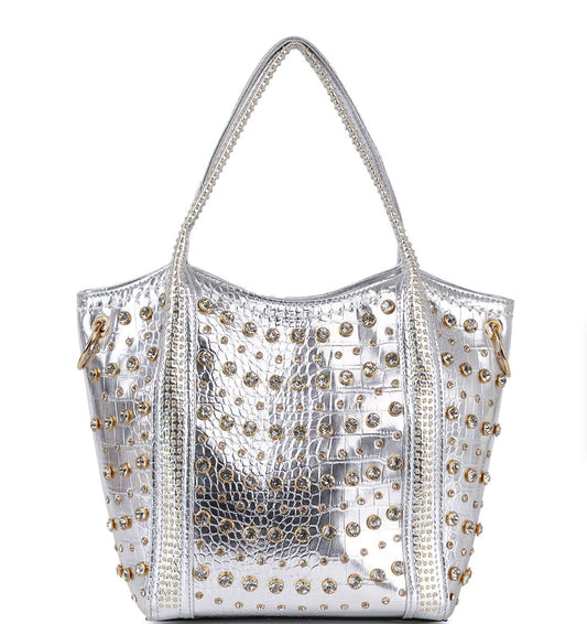Studded Rhinestone Alligator Embossed Tote Handbag