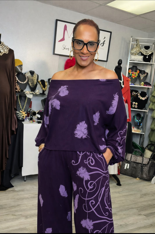 Purple Passion Off Shoulder 2pc Pant Set OVERSIZE SIZE DOWN