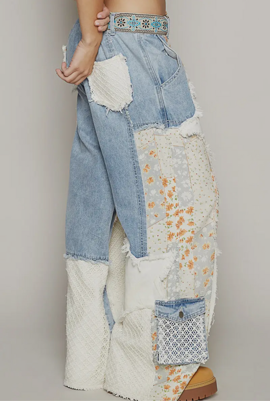 Molly Medium Wash Patchwork Wide Leg Cargo Pants