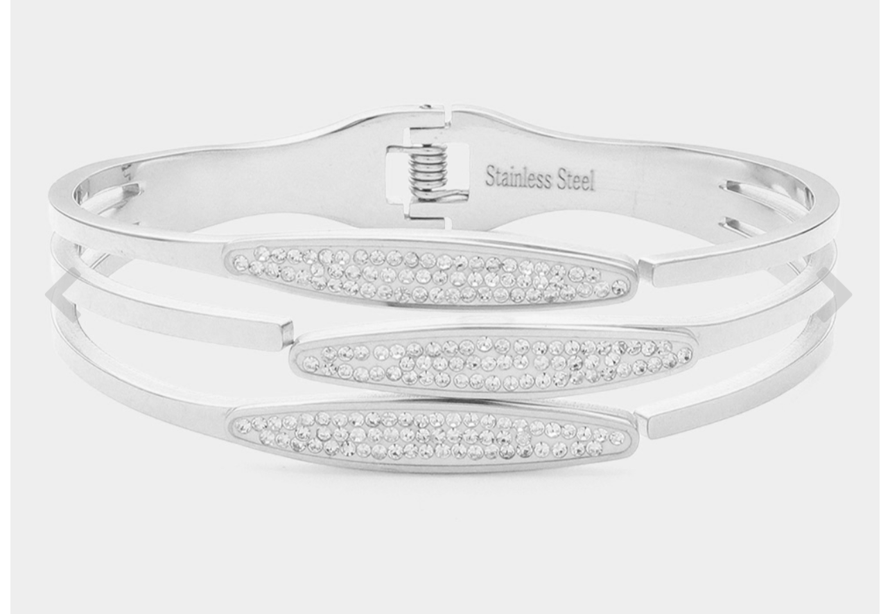 Stone Paved Oval Plate Pointed Stainless Steel Hinged Bracelet_Gold only