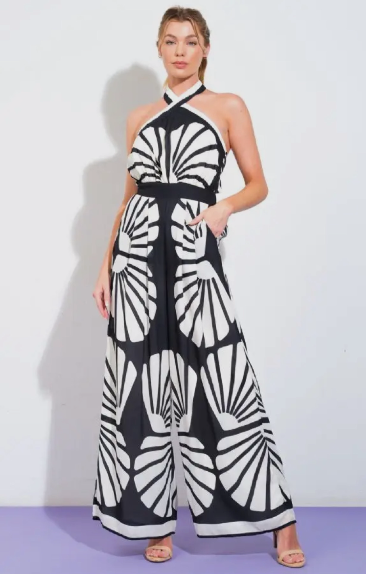 EBONY BLACK CREAM PRINT HALTER JUMPSUIT