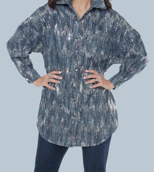 Queen Long Sleeve  Denim Silver Sequin Tunic Top