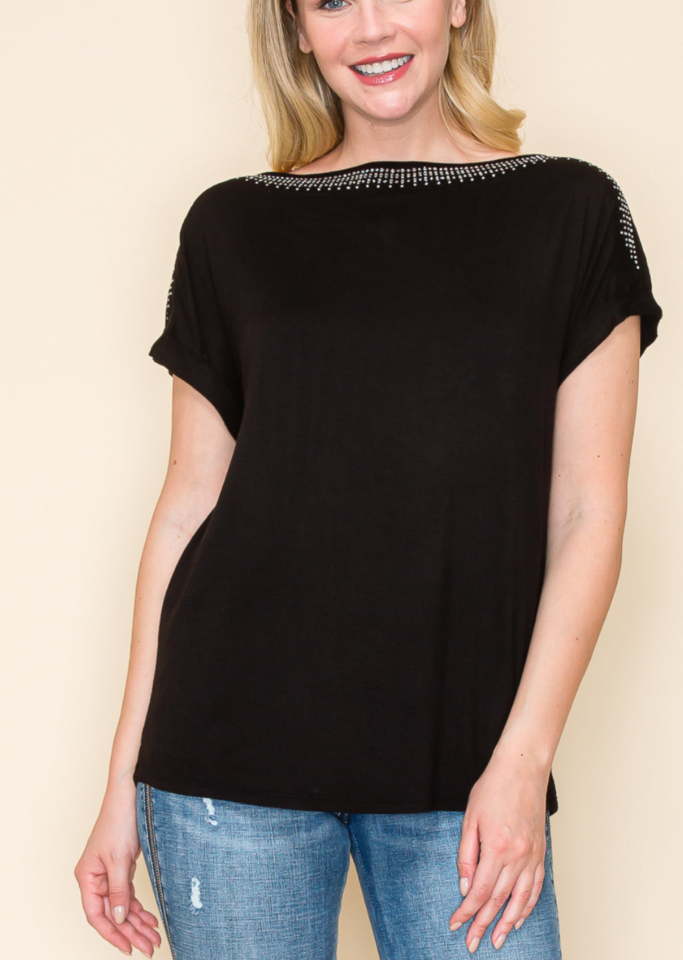 Short Sleeved Boat Neck Top W/ Rhinestone Neck & Shoulders