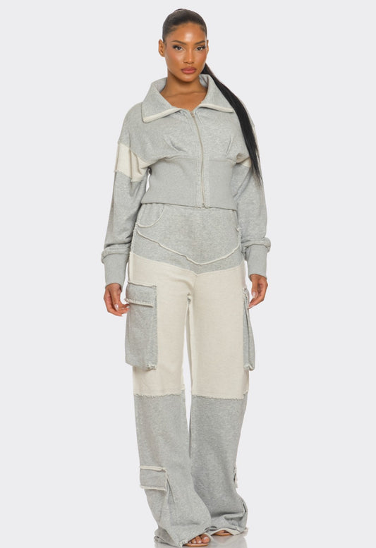 Privilege Asymmetrical Heather Grey Zip-Up Tracksuit CROP JACKET Set