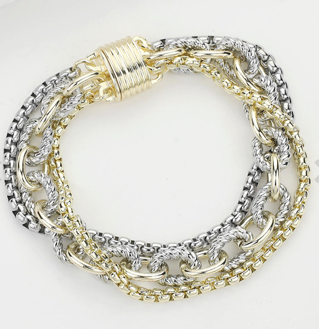 14K Gold Plated Two Tone Multi Layered Chunky Chain Magnetic Bracelet