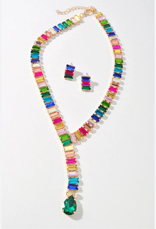 Glass Stone Y Shape Necklace Set