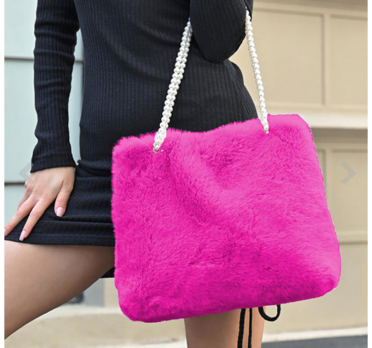 Faux Fur Pearl Strap Tote Bag
