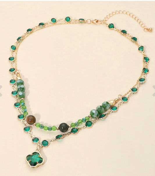 Quatrefoil Pendant Accent Dual Layer Beaded Necklace