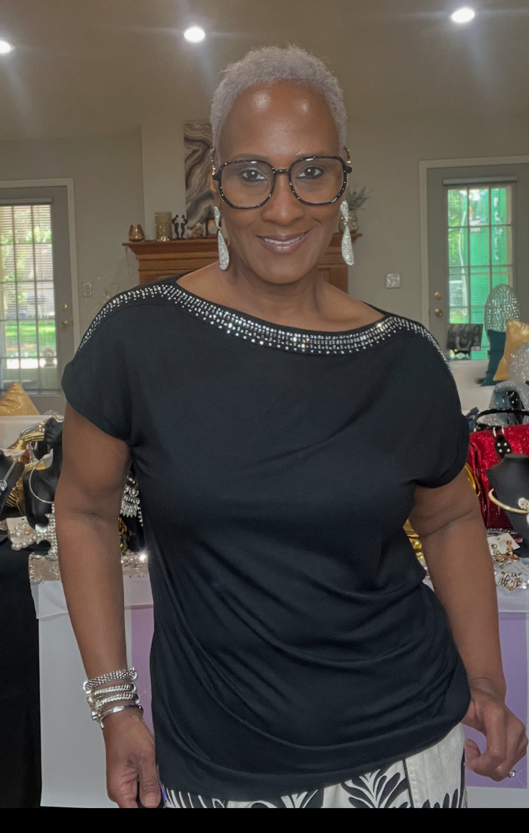 Short Sleeved Boat Neck Top W/ Rhinestone Neck & Shoulders