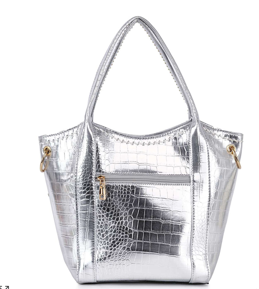 Studded Rhinestone Alligator Embossed Tote Handbag