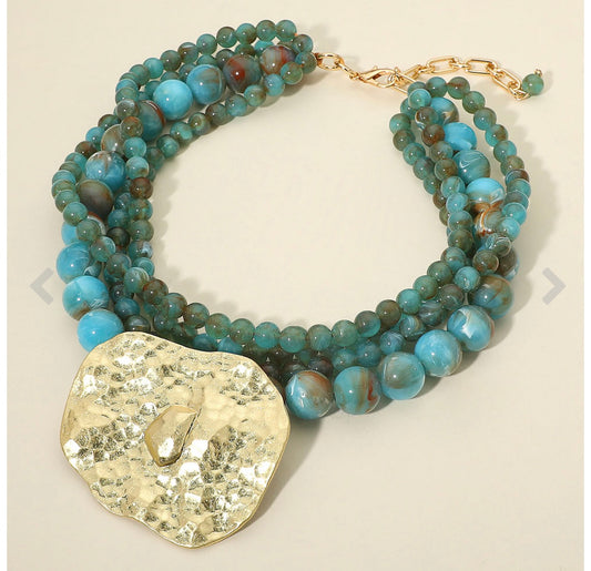 Bold Hammered Metal Plate Multi Resin Ball Beaded Statement Necklace