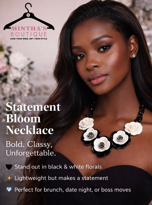 Bold Resin Flower Link Statement Necklace_Black & White