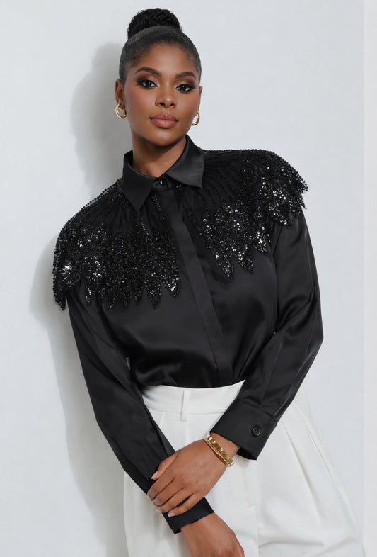 Beads of Black Feather Sequins Top