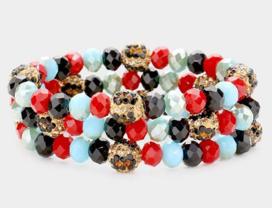 3PCS - Leopard Pattern Shamballa Ball Faceted Bead Stretch Bracelets