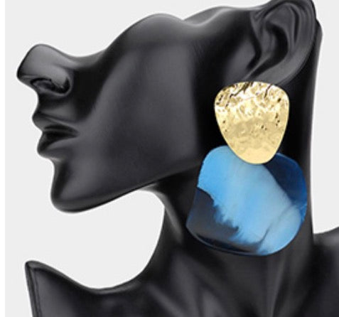 Bold Textured Metal Resin Panel Statement Earrings_Blue