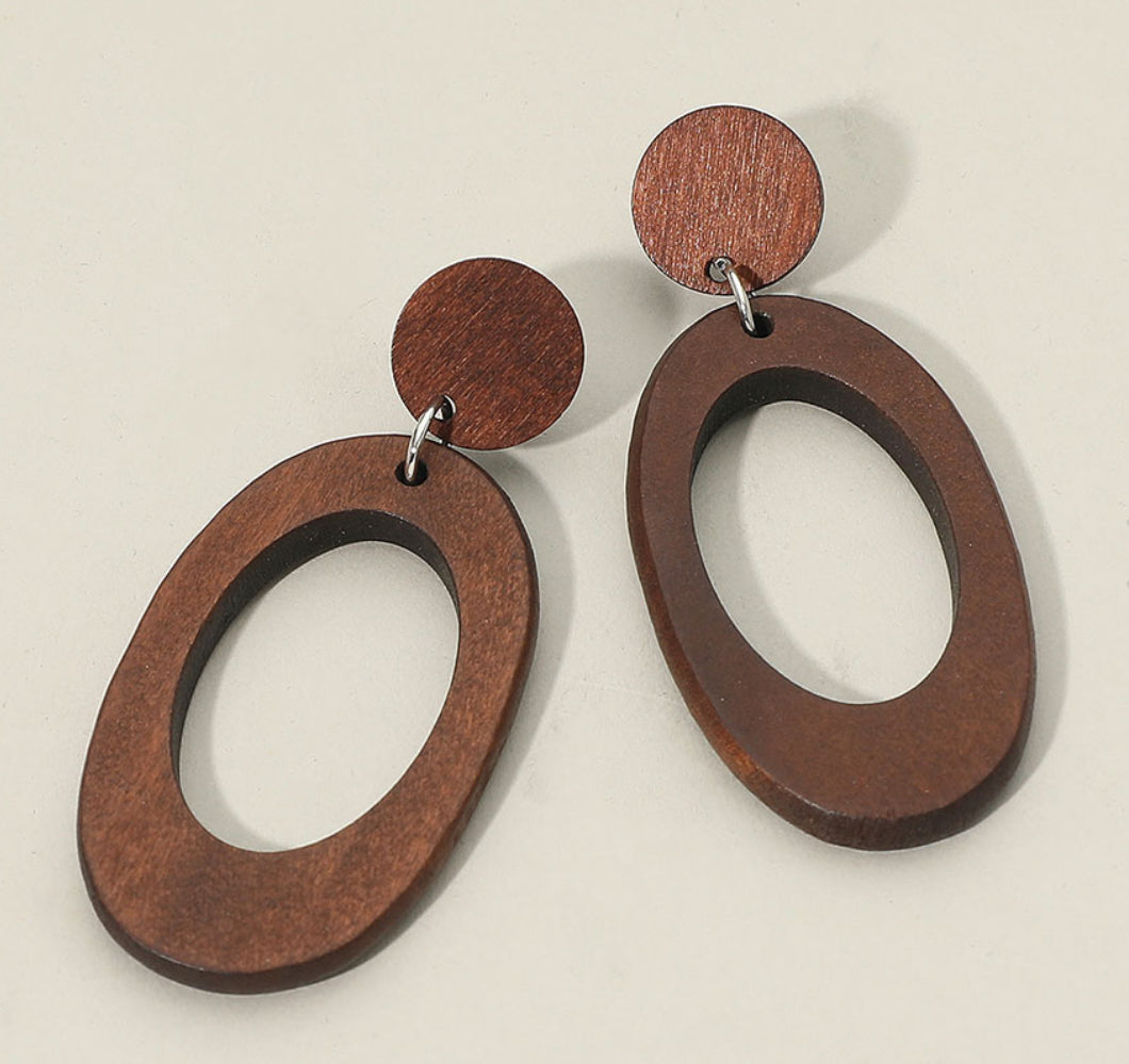 Wooden Open Oval Drop Dangle Earrings