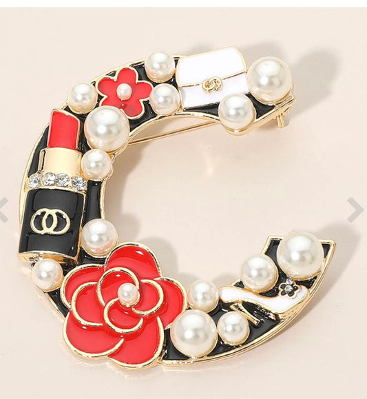 Pearl Lipstick Flower Embellished Letter C Pin Brooch