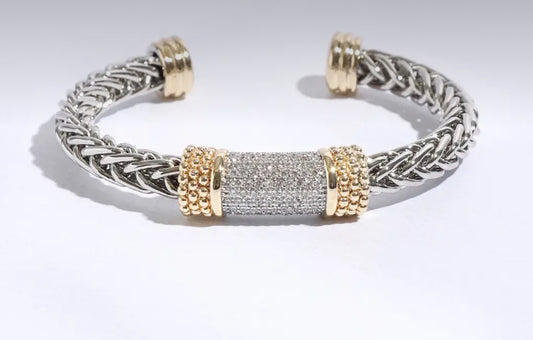 CZ Stone Paved Bar Pointed Two Tone Cuff Bracelet