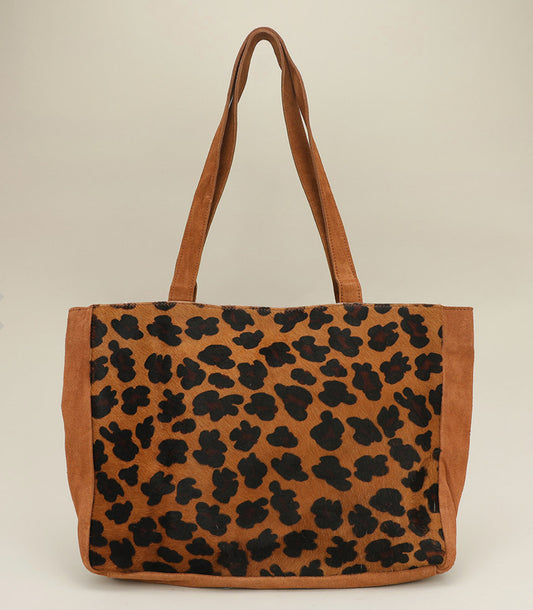 Genuine Leather Calf Fur Chic Leopard Pattern Shoulder Tote Bag
