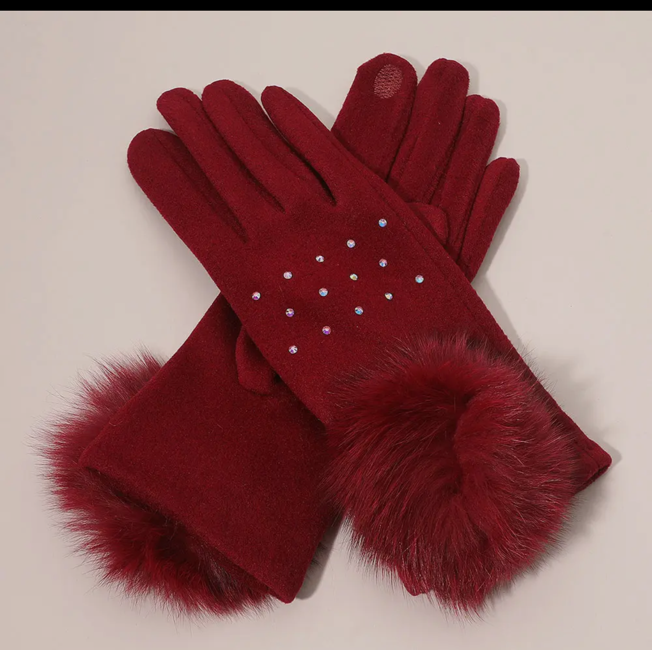 Faux Fur Gloves Cuff Pom w/Rhinestone
