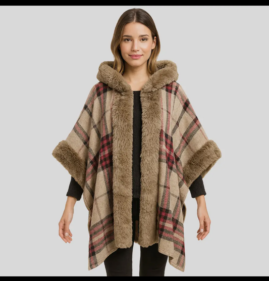 Faux Fur Plaid Pattern Hoodie Shawl