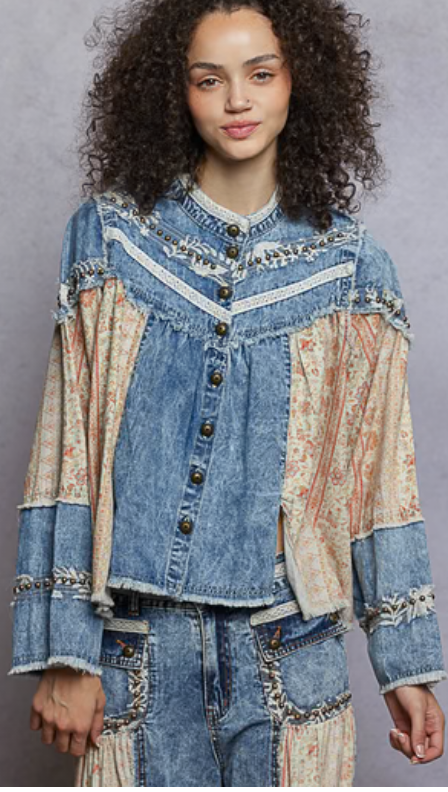Paisley Denim and Floral Panel Studded and Lace Detailed Top