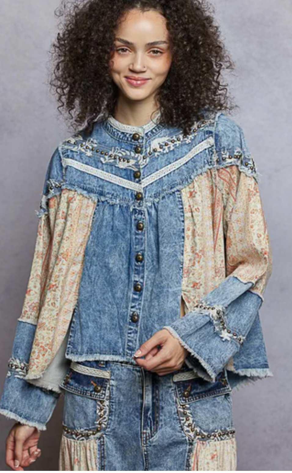 Paisley Denim and Floral Panel Studded and Lace Detailed Top