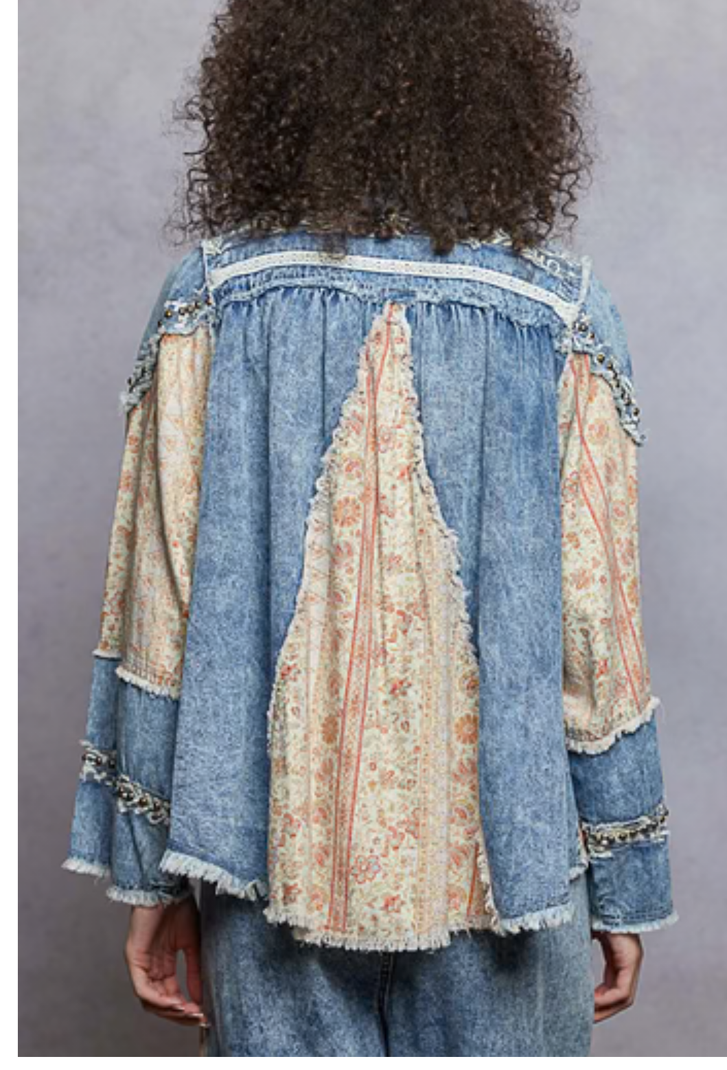 Paisley Denim and Floral Panel Studded and Lace Detailed Top