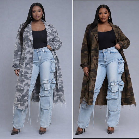 Wear It Longline Distressed Camouflage Jacket - Grey