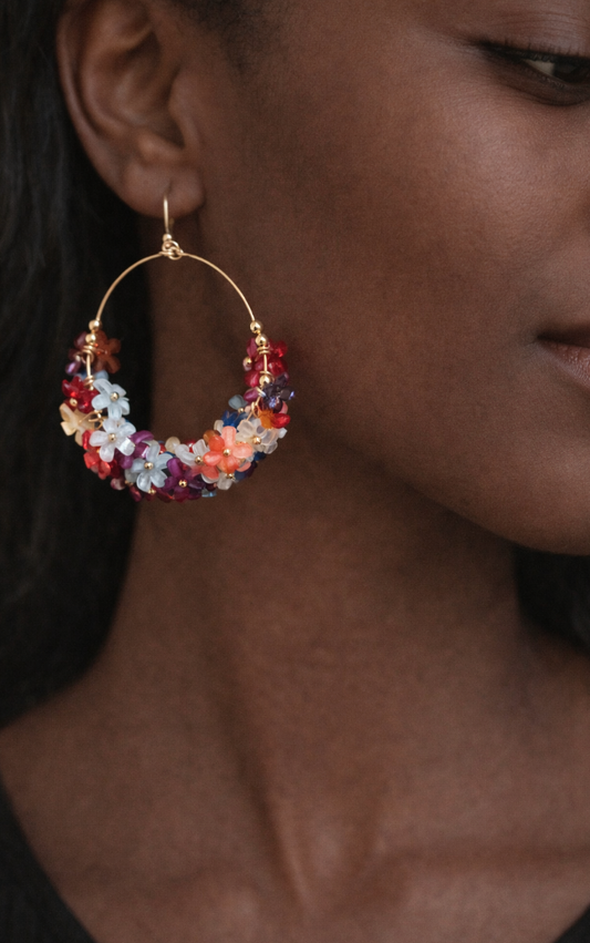 Beaded Flower Drop Hoop Earrings