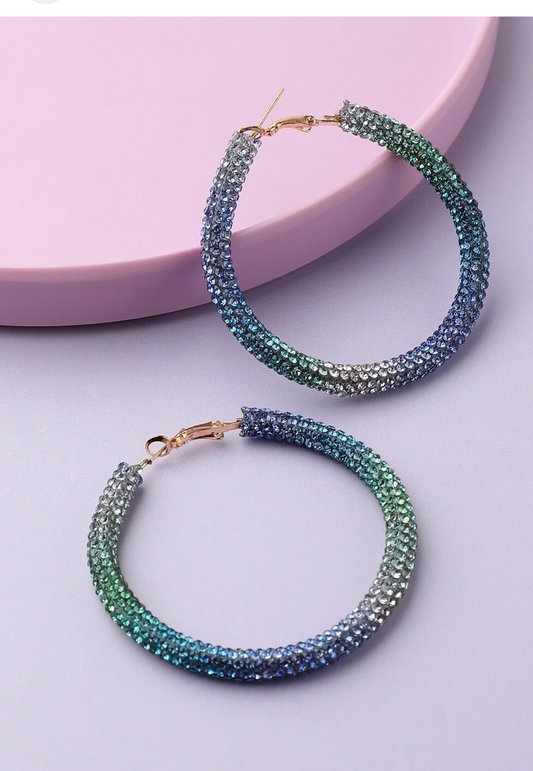 Blue Rhinestone Pave Hoop Earrings